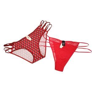 2 NEW VICTORIAS SECRET VTG PANTIES RED STRAPPY LACE DOG 2000s ANIMAL PRINT SZ LG